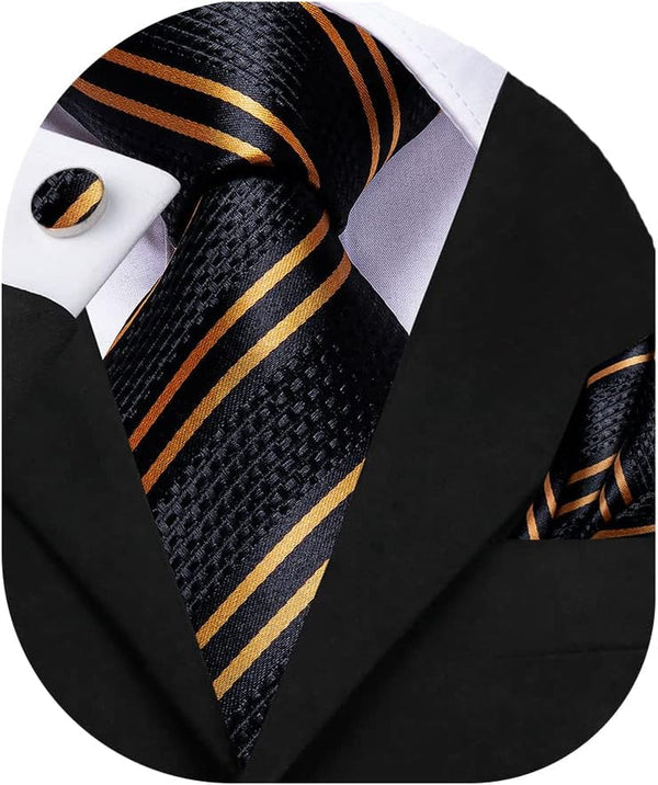 Mens Paisley Floral Silk Tie for Men Striped Necktie and Pocket Square Cufflinks Set Wedding Business