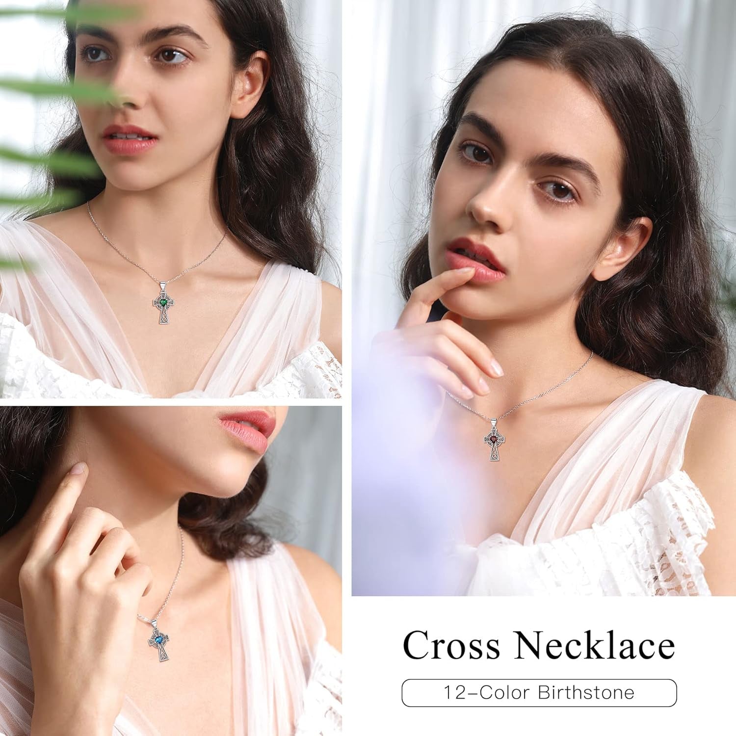 Silver Celtic Cross Necklace with 12 Month Heart Birthstone, Dainty Celtic Birthstone Necklace Silver Chain for Women Faith Irish Amulet Lucky Birthstone Jewelry