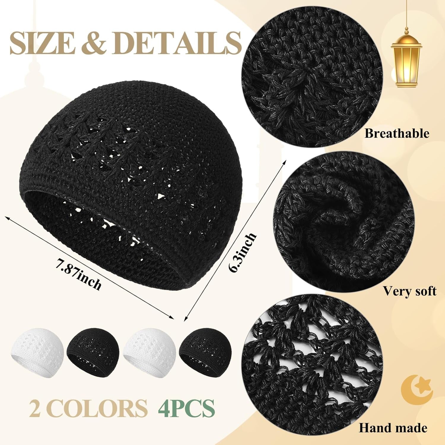 6 Pieces Kufi Hats and Muslim Prayer Beads for Men Prayer Cap Breathable Skull Crochet Cap Muslim Tasbih 99 Beads Muslim Ramadan Gifts Helmet Liner Black White