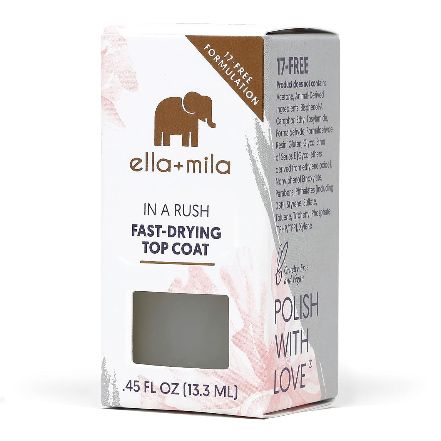 "In a Rush Fast Dry Top Coat Nail Polish with High Glossy Shine. This Clear Nail Polish Features a UV Inhibitor to Resist Yellowing and Comes in a 0.45 Fl Oz Bottle