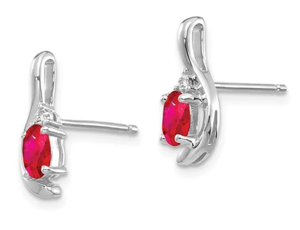 Natural Red Ruby 1/2 Carat (ctw) Oval Stud Earrings in 14K White Gold with Accent Diamonds