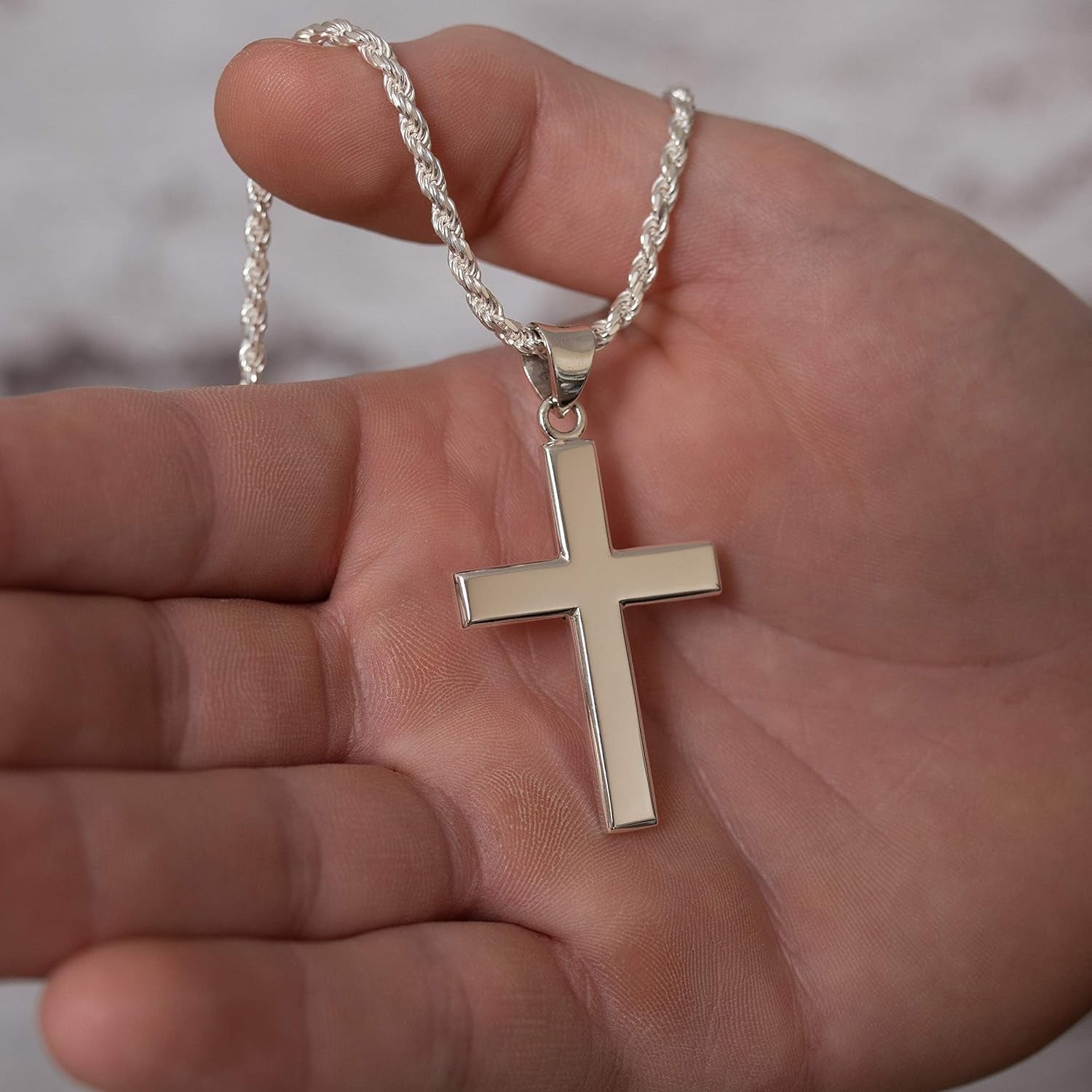 Men'S 925 Sterling Silver 40Mm Christian Cross Pendant Necklace 20In to 24In