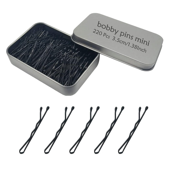 220 Count Mini Wavy 1.38 Inch Bobby Pins Black with Storage Box, Suitable for All Hair Types, Hair Clips for Kids, Girls and Women