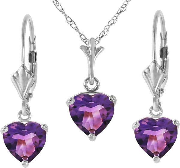 14K White Gold Jewelry Set - Necklace and Earrings W/Natural Heart-Shaped Purple Amethysts