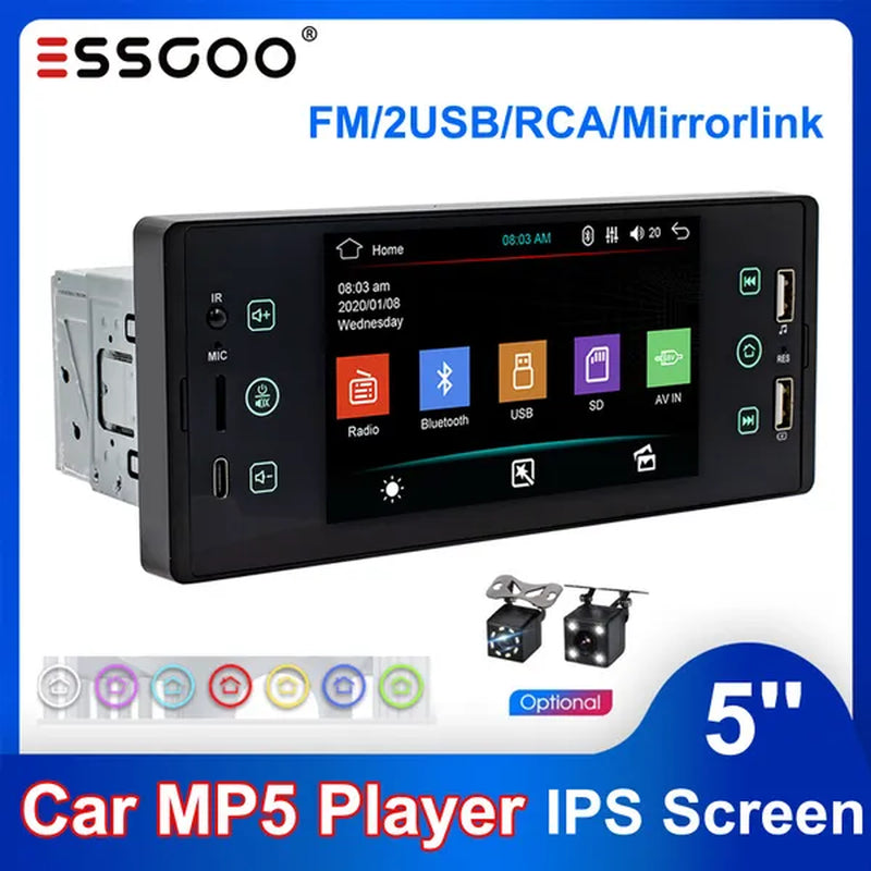 ESSGOO 1Din 5 Inch IPS HD Touch Screen Car MP5 Player Bluetooth 2USB FM Radio Car Stereo Support Mirrorlink and Rear View Camera