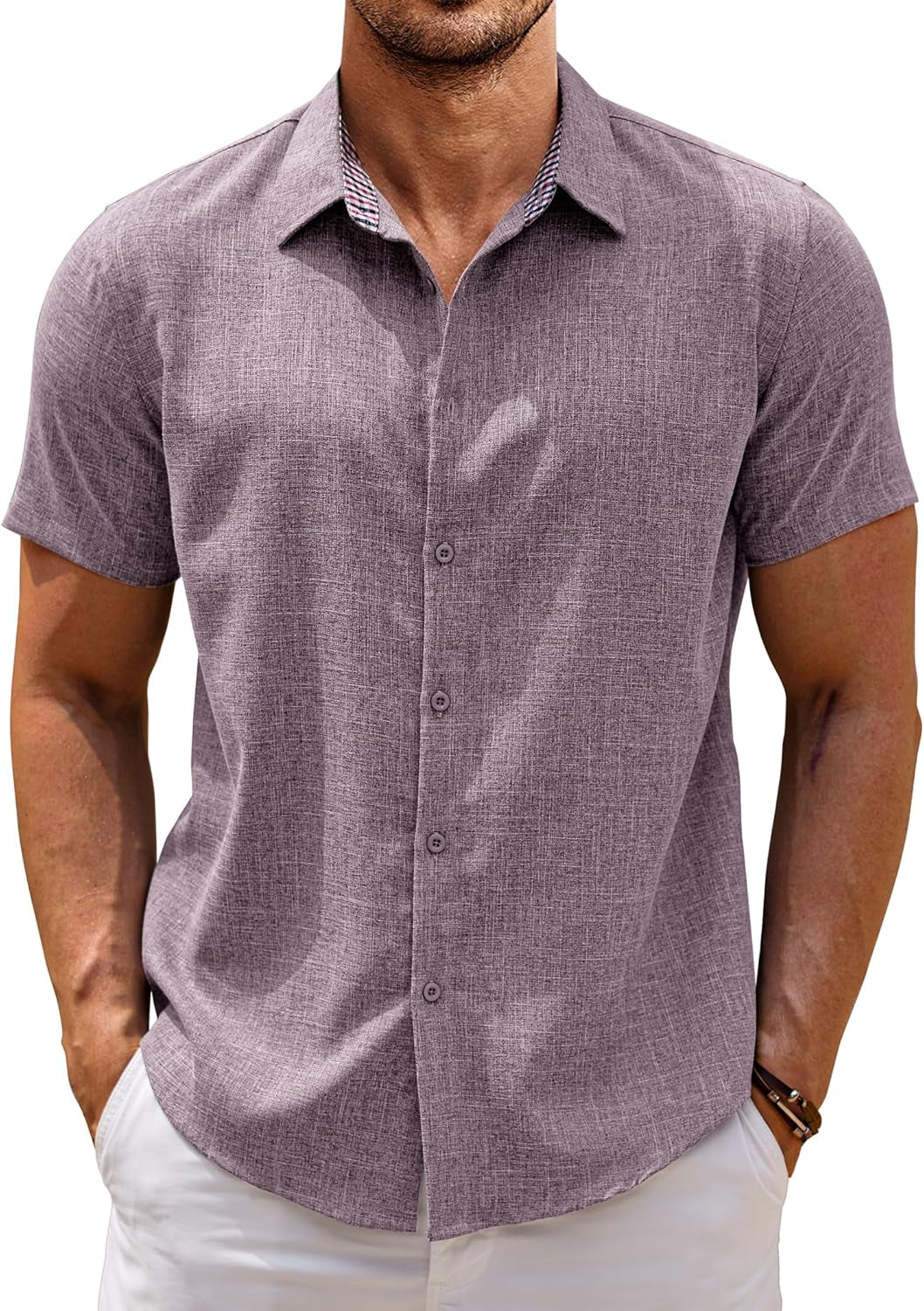 Mens Linen Shirt Short Sleeve Button down Shirts Casual Plaid Collar Summer Beach Shirts