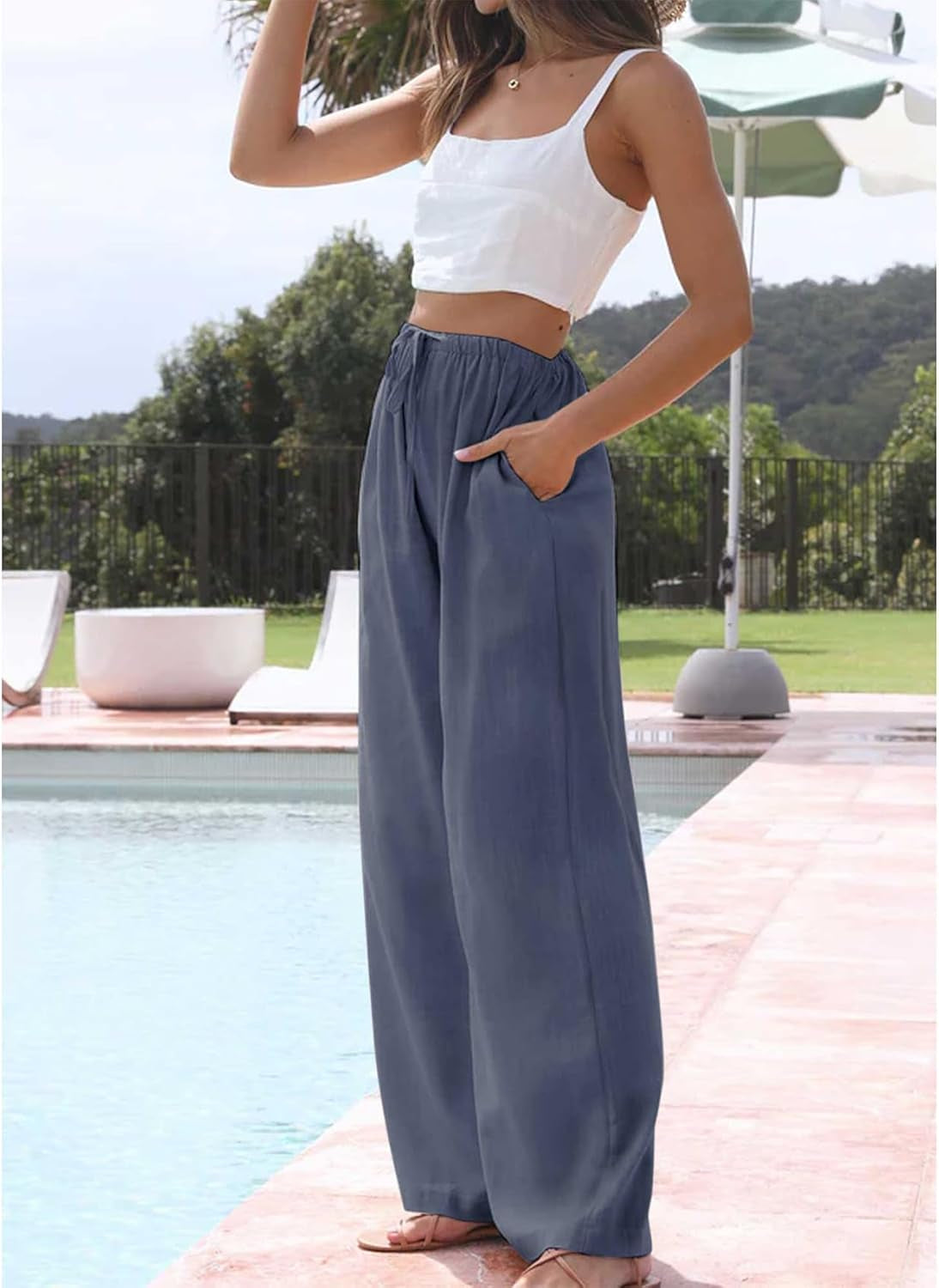Womens Cotton Linen Palazzo Pants Drawstring Elastic Waist Casual Wide Leg Trousers with Pockets