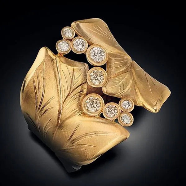 Exquisite Leaf Dew Drop Cubic Zirconia Ring Fashion Gold Plated Ring Unique Personality Women'S Ring Engagement Wedding Party Birthday Gift Anniversary Jewelry Size US 5-11