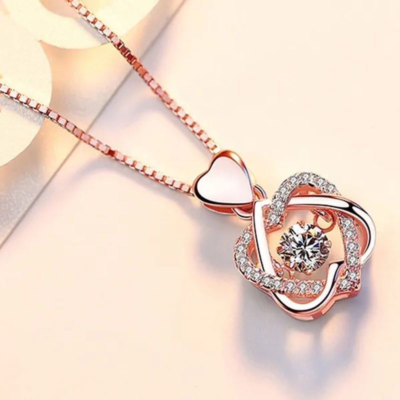 Fashion Romantic Double Heart Diamond Heartbeat Necklace Sapphire Flower Pendant Necklace with Zircon Rose Necklace for Women Engagement Jewelry