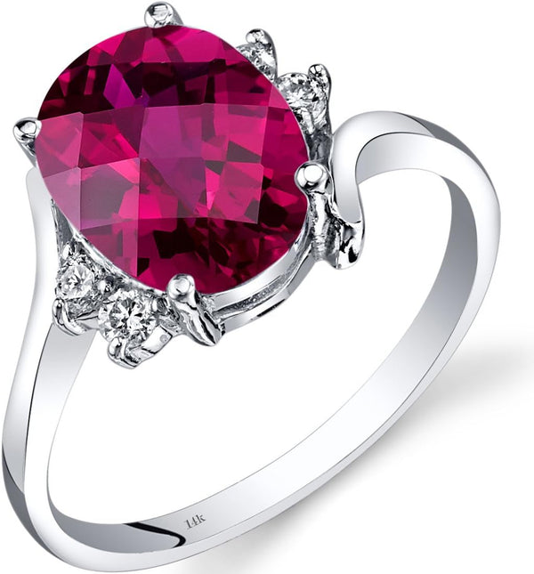 Created Ruby and Genuine Diamond Ring for Women 14K White Gold, Bypass Solitaire Design, 3.50 Carats Oval Shape 10X8Mm, Size 7