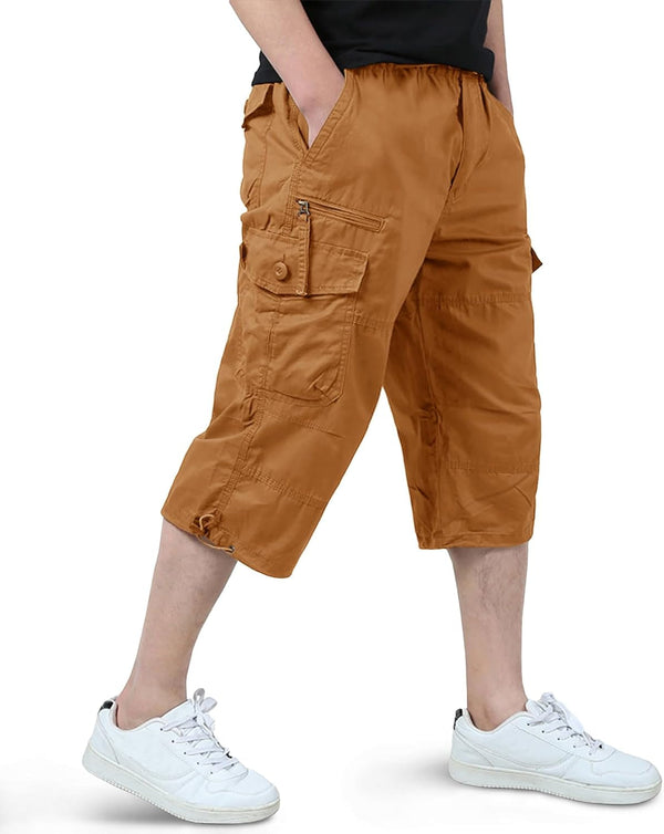 Men'S Cargo Shorts Casual Twill Elastic 3/4 Capri Pants below Knee Long Shorts with 7 Pockets