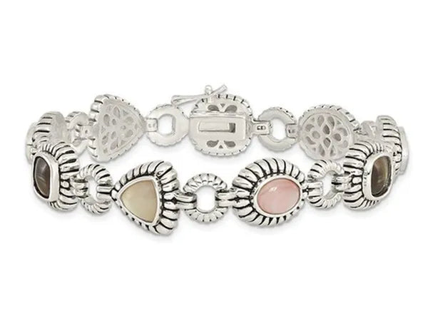 Pink, Black and White Mother of Pearl Bracelet in Sterling Silver (7.75 Inches)