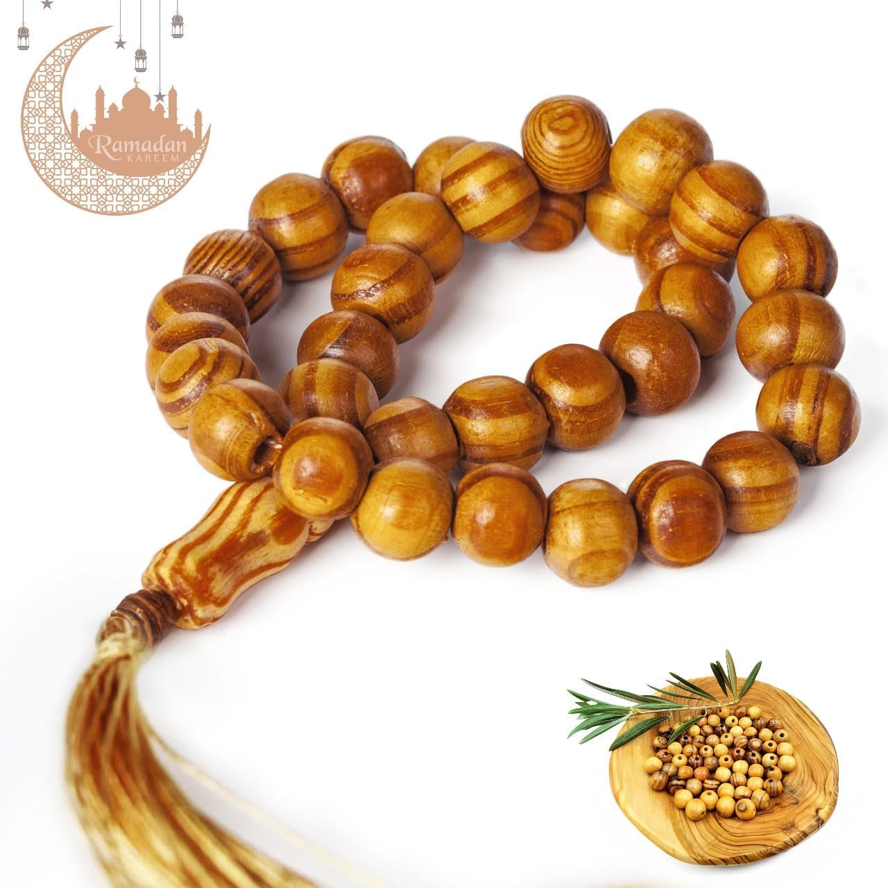 Masbaha 33 Beads Olive Wood from Jerusalem Islamic Prayer Beads Tasbeeh Muslim Rosary Quran Misbaha Tespih Dhikr Beads Sibha Tasbih Beads Muslim Worry Beads Islamic Beads Islamic Gifts