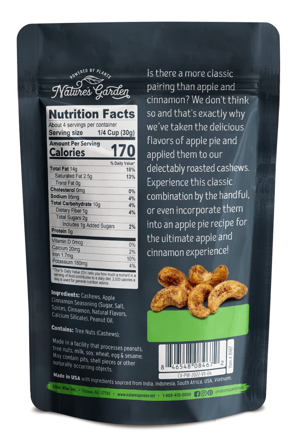 Apple Cinnamon Cashews, 4 Oz (Pack of 6) - Seasoned Roasted Cashews, Flavored Nuts Snack Pack, Organic Cinnamon Cashew, Healthy Snack Pack for Adults, Gluten Free Cashews
