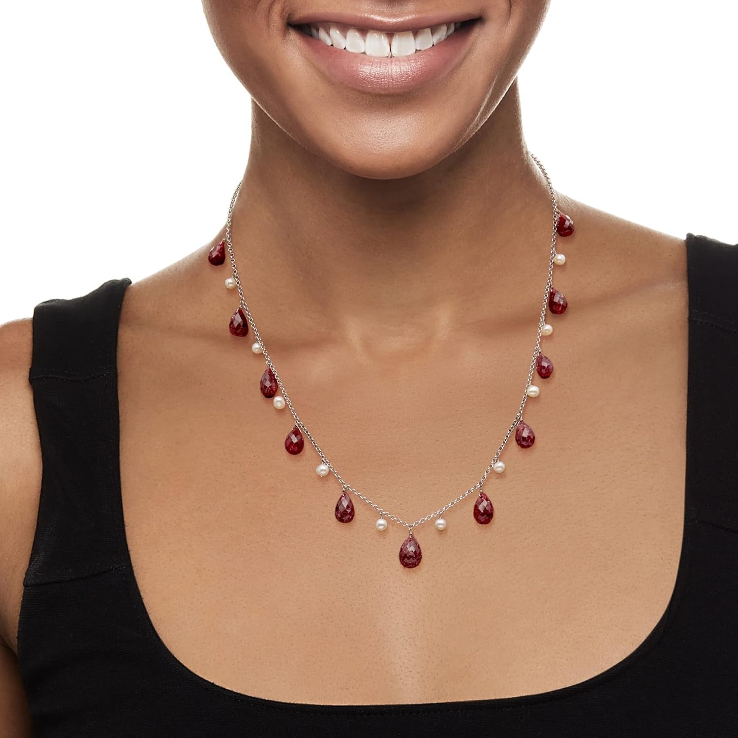 Gemstone and 4-5Mm Cultured Pearl Drop Necklace in Sterling Silver