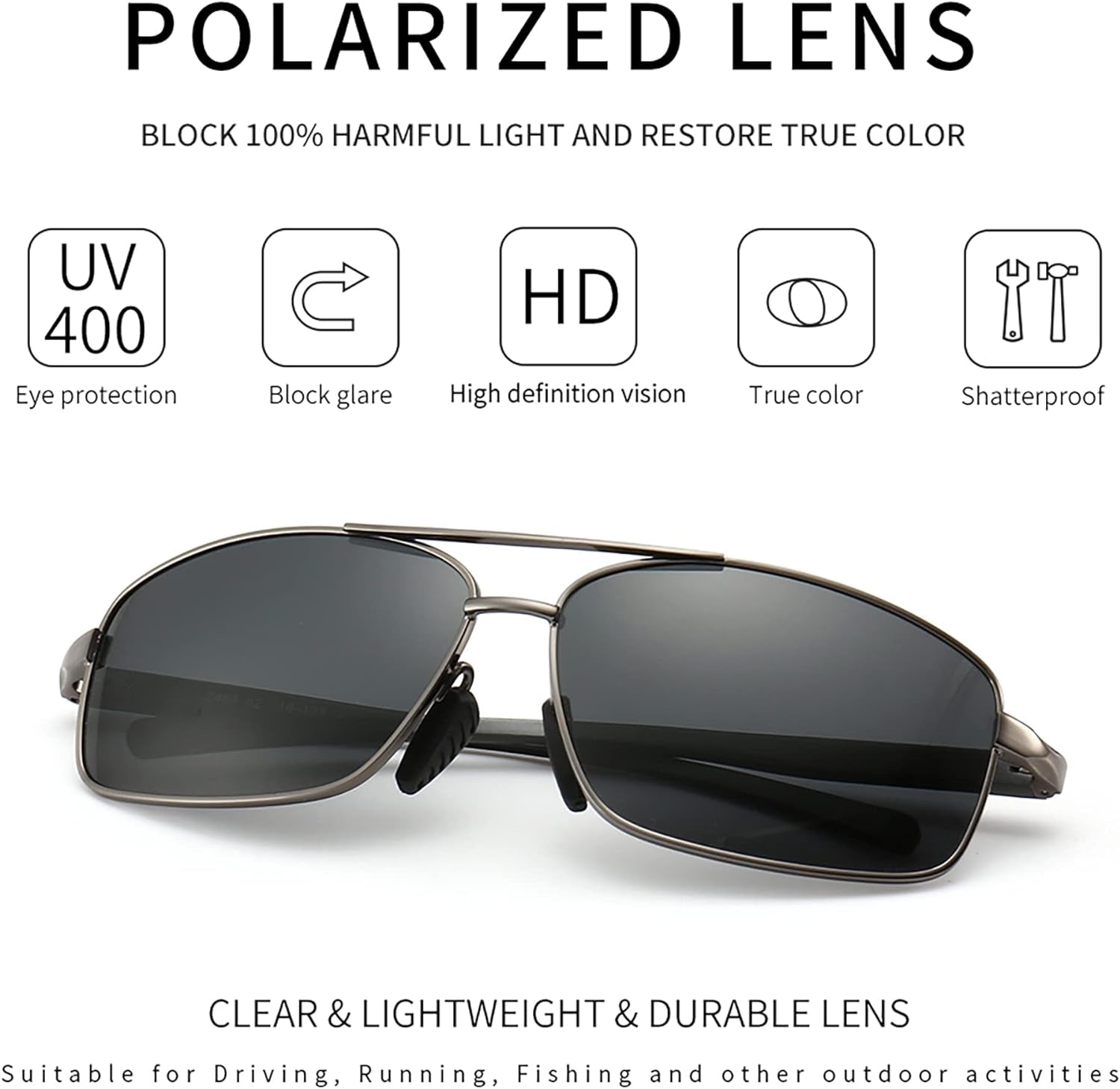 Ultra Lightweight Rectangular Polarized Sunglasses UV400 Protection