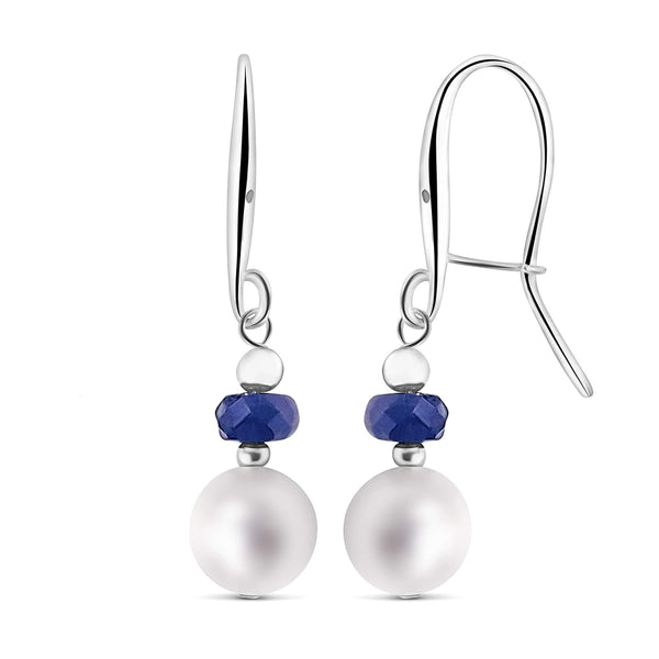 Real Stone and Freshwater Pearl Drop Earrings with Solid 925 Sterling Silver and Gold Dangle Birthstone Jewelry Gift for Her  (Sapphire, Sterling-Silver)