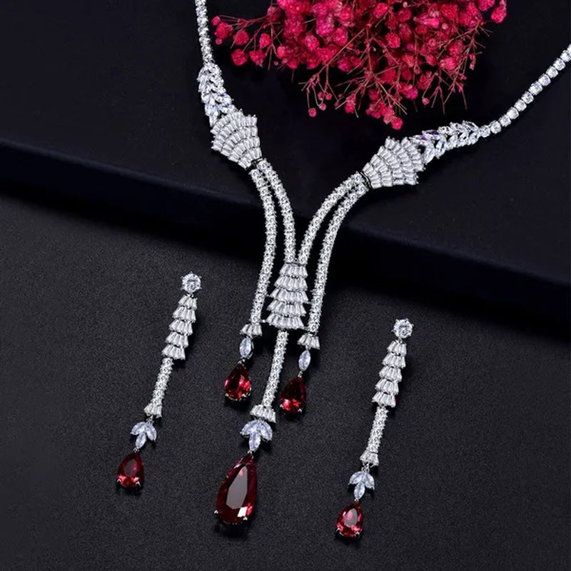 CANDICE Exclusive Design Bridal Jewelry Set with Red Teardrop Stones for Women Wedding CZ Long Tassel Choker Necklace Earrings Sets