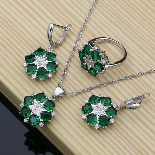 Flower Shaped 925 Silver Jewelry Green Emerald White Crystal Jewelry Sets Women Earrings/Pendant/Necklace/Rings/Bracelet