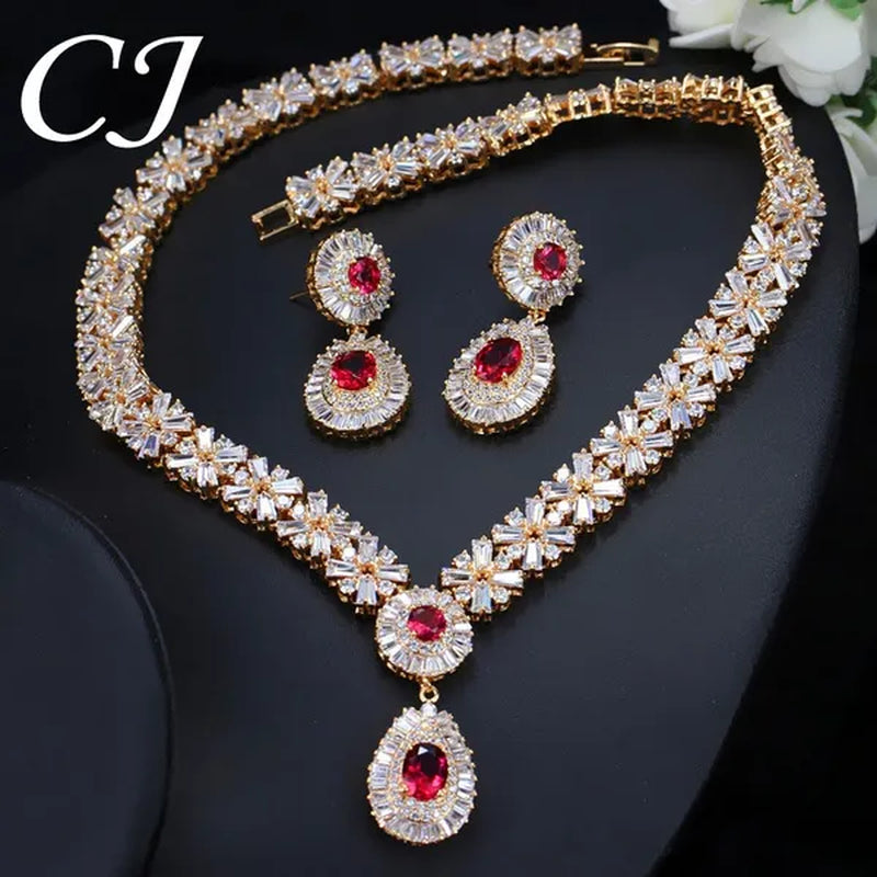 CANDICE African Gold Plating Hand-Inlay CZ Pendant Necklace and Earrings Gorgeous Dubai Women Wedding Party Tear Drop Jewelry Set with Red Crystal