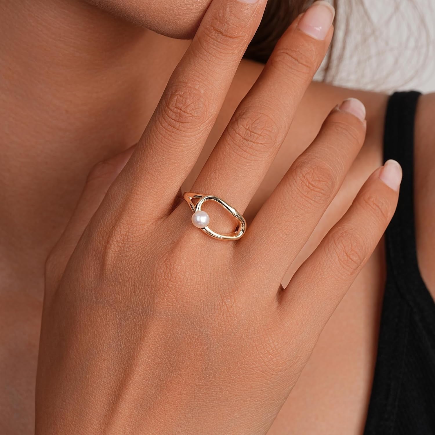 Slyph Pearl Ring for Women 14K Gold Plated Irregular Statement Ring Danity Promise Rings for Birthday Wedding Band Bridal Ring Jewelry Gifts Size 6-9
