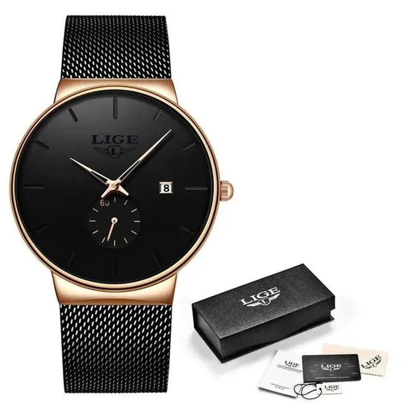 LIGE 2024 Fashion Mens Watches Top Brand Luxury Quartz Watch Men Casual Slim Mesh Steel Waterproof Sport Watch Relogio Masculino