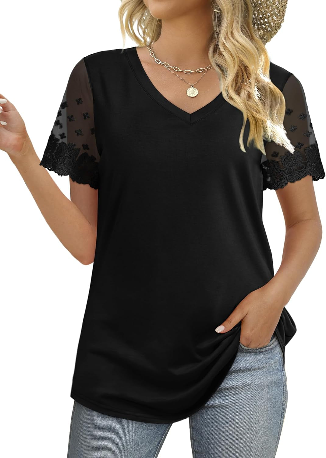 Casual V Neck T Shirts for Women Lace Short Sleeve Curved Hem Tops Loose Fit