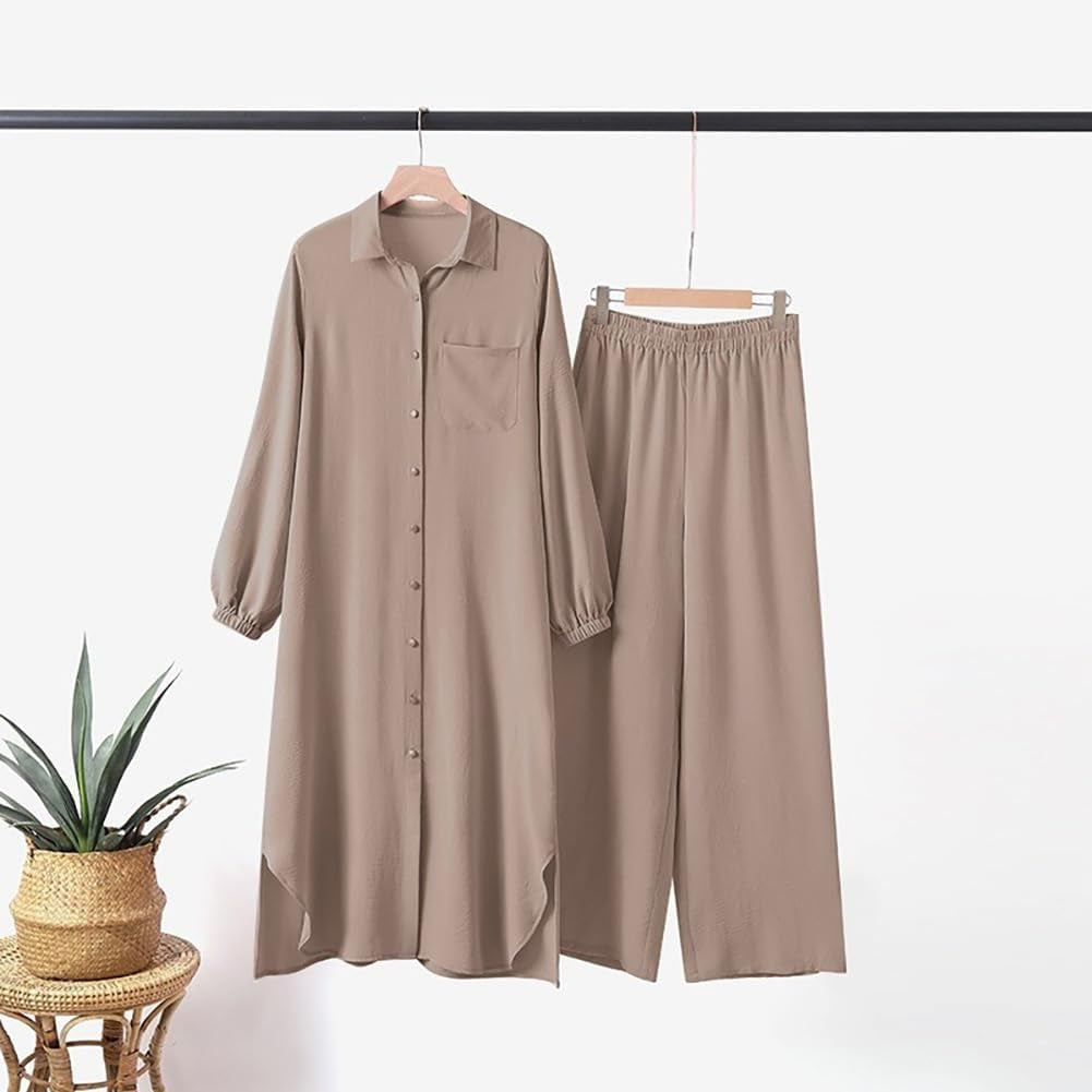 Women'S Muslim 2 Pieces Sets Long Sleeve Button down Shirt and Pants Abaya Casual Dress Dubai Outfits