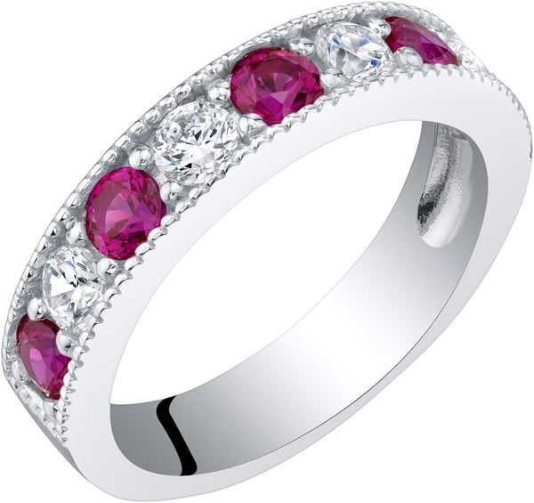 Sterling Silver 4Mm Milgrain Half-Eternity Anniversary Wedding Ring Band for Women, Various Gemstones, Comfort Fit, Sizes 5 to 9