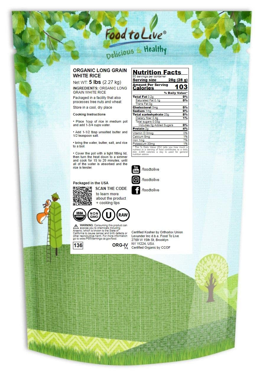 Organic Long Grain White Rice, 5 Pounds – Non-Gmo, Vegan, Kosher. Easy to Cook. Stays Separate and Fluffy. Low in Fat. Contains Iron. Perfect for Stuffing, Pilafs, Salads.