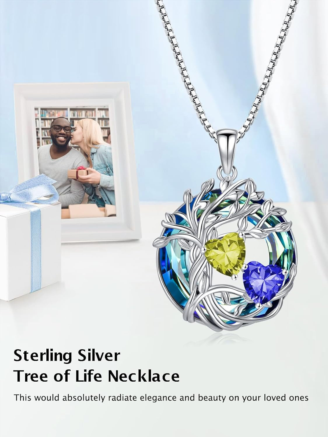 Mothers Day Gifts for Women 925 Sterling Silver Family Tree of Life Pendant Necklaces with 2 Heart Birthstone with Blue round Austrian Crystal Jewelry Birthday Anniversary Christmas Gifts for Her Wife Girlfriend Mom (18K Real White Gold Filled)