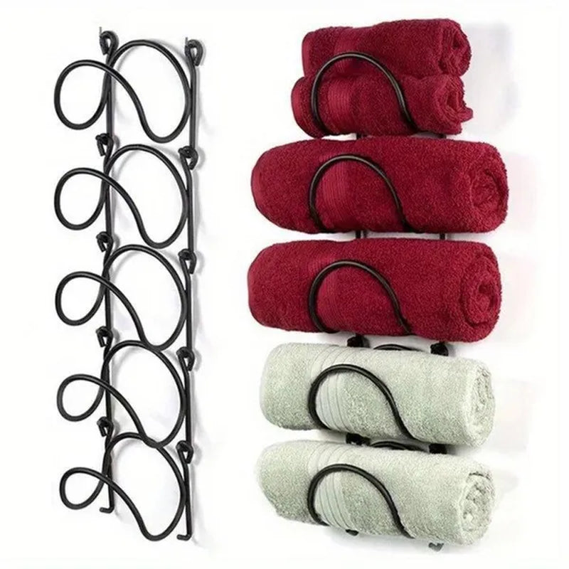 5 Layers Wrought Iron Bathroom Towel Rack Wall-Mounted Wine Bottle Display Rack Simple Multifunctional Storage Shelf