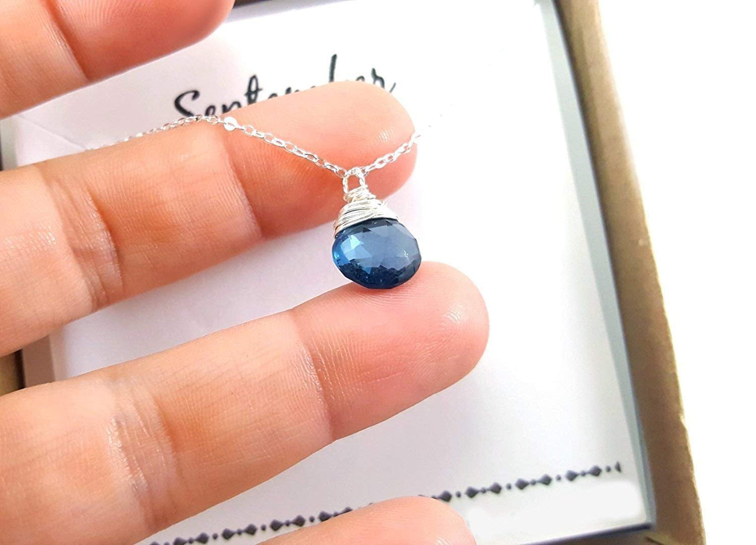 September Birthstone Sapphire Quartz Necklace - Sterling Silver Briolette Teardrop Jewelry - Gift for Her