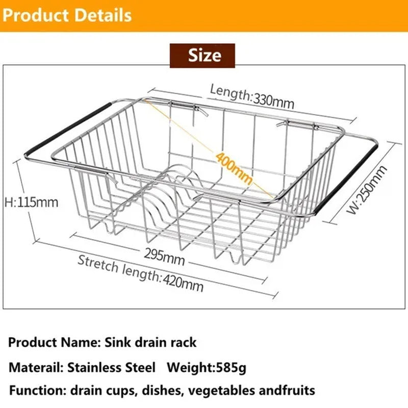 Kitchen Storage Organizer Dish Drainer Drying Rack Sink Holder Tray For Plates Bowl Cup Tableware Shelf Basket Adjustable Stainless Steel Dish Rack Drainer