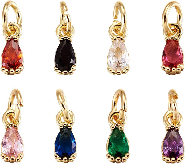 20Pcs Cubic Zirconia Mini Rhinestone Charms Brass Pave CZ Water Drop Extender End Charms Colorful 18K Gold Faceted Dangle Teardrop Birthstone Pendant Bulk with Loop for Jewelry Making 8X3Mm