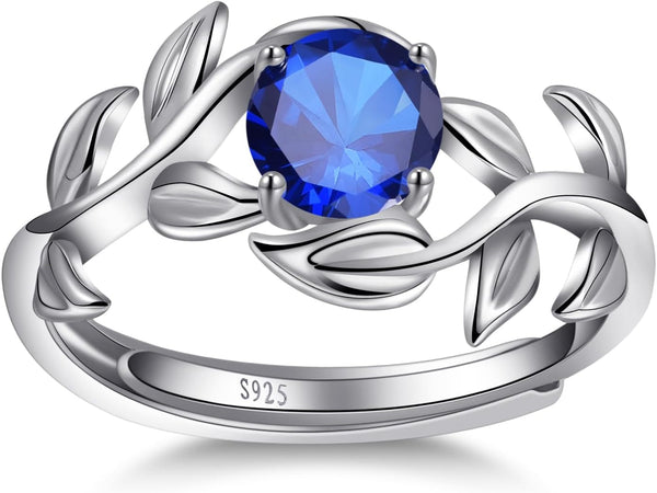 Adjustable Women Leaf|Wheat Grain|Filigree Ring 925 Sterling Silver Created Ruby|Sapphire|Cubic Zirconia Engagement Ring for Women Promise Wedding Ring Anniversary Valentines Open Size 5-9