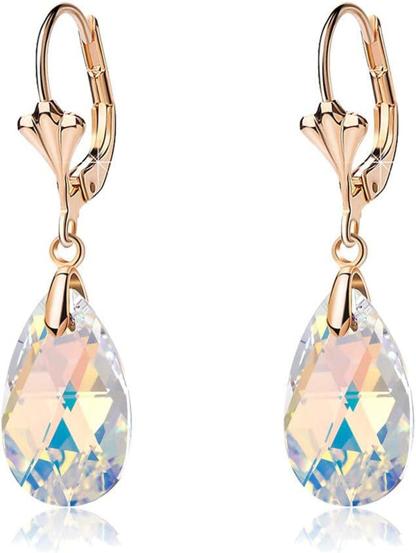 Austrian Crystal Teardrop Leverback Dangle Earrings for Women Fashion 14K Gold Plated Hypoallergenic Jewelry
