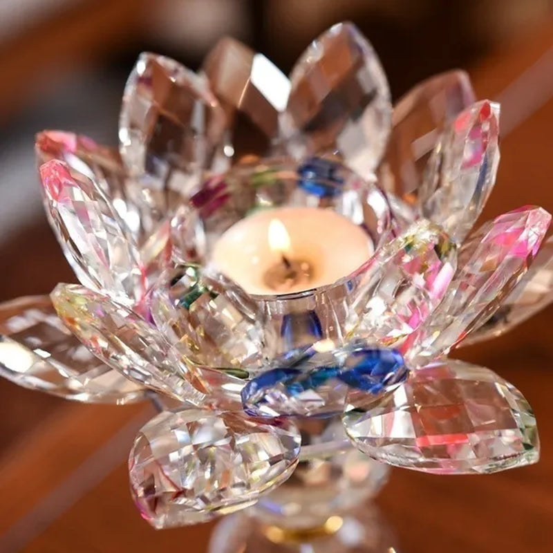 Crystal Glass Lotus  Candle Tea Light Holder Buddhist Candlestick Home Decoration