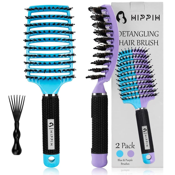 Boar Bristle Hair Brush 2 Pack,  Wet & Dry No Pull Curved Vented Hair Brush, Styling Voremy Magical Brush Detangler for Kids & Men, Hairbrush for Women Can Adds Shine & Smooth Curly Thick Hair