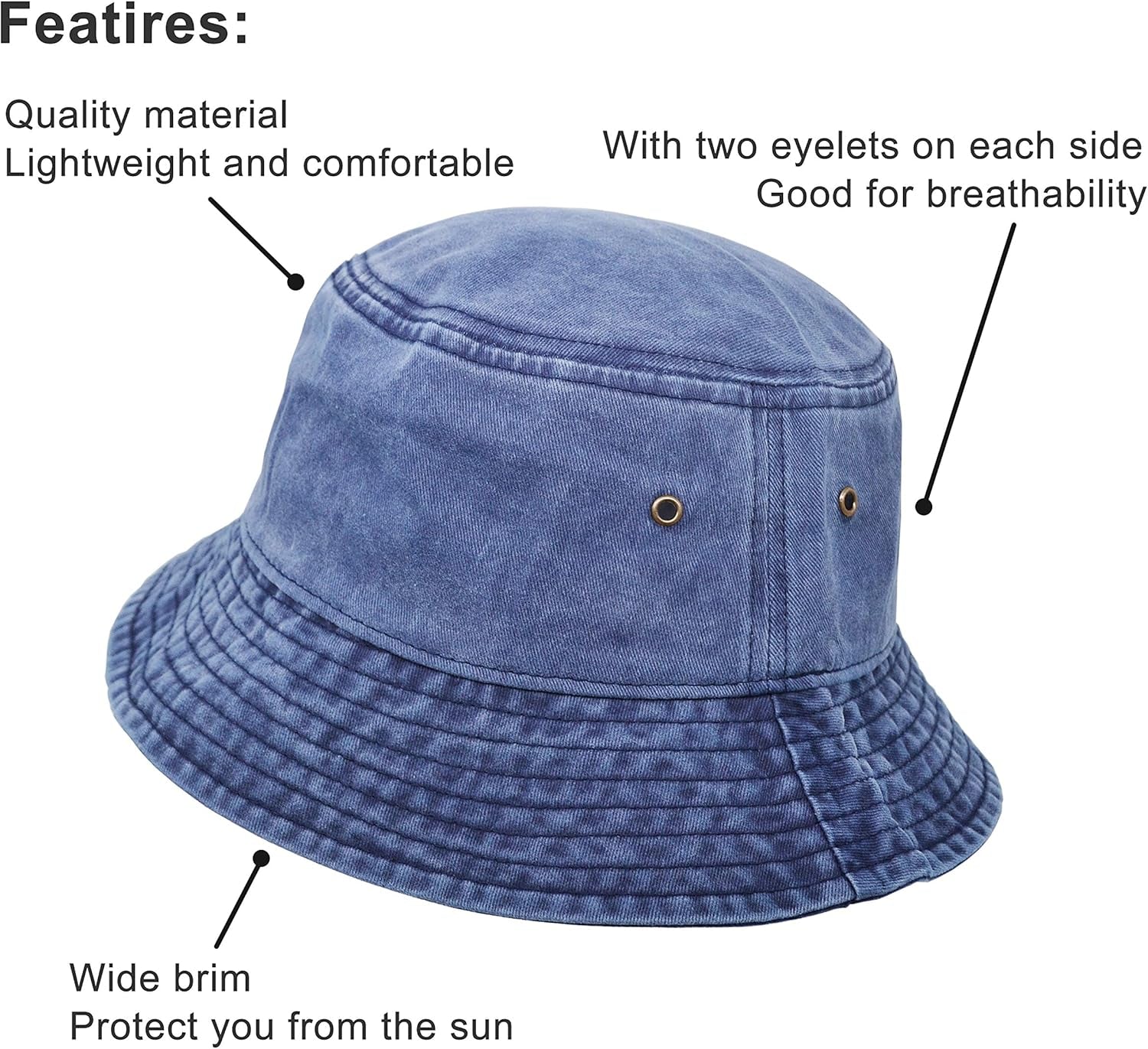 Bucket Hat, Wide Brim Washed Denim Cotton Outdoor Sun Hat Flat Top Cap for Fishing Hiking Beach Sports