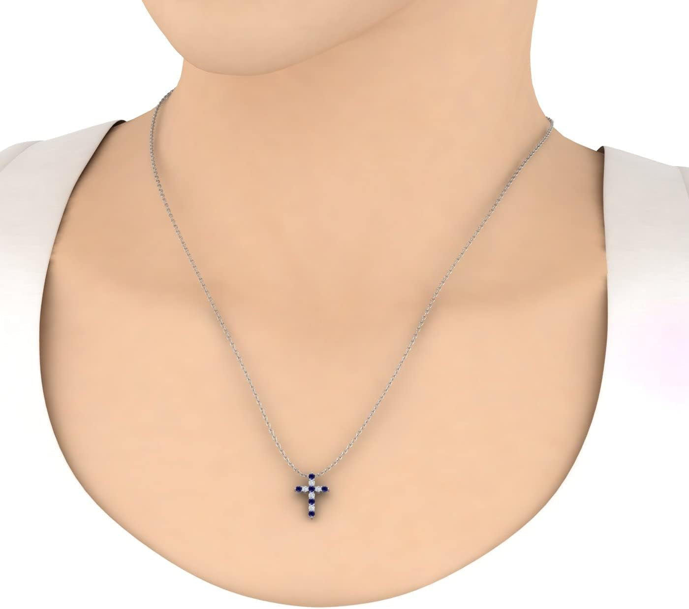 2 Carat Blue Sapphire & White Diamond Cross Pendant Necklace in 14K Gold (Silver Chain Included)