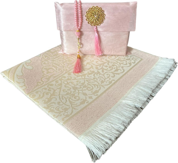 Muslim Prayer Rug and Beads with Elegant Slub Fabric Bag | Janamaz | Sajadah | Soft Islamic Prayer Rug | Islamic & Mawlid Gifts | Prayer Carpet Mat, Taffeta Fabric (Pink, 1 Sets)