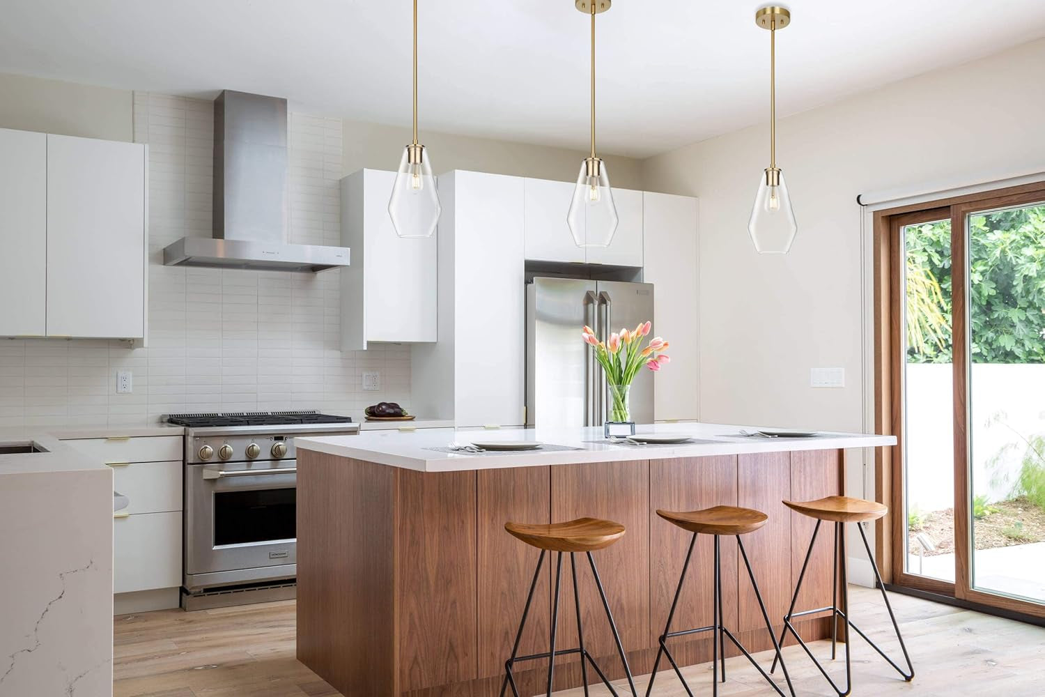Brass Pendant Lights Ktichen Island, Modern Farmhouse Dining Room Light Fixtures over Table Brushed Brass Glass Kitchen Hanging Lights for Bedroom,Bar,Sink XB-P1228-BS
