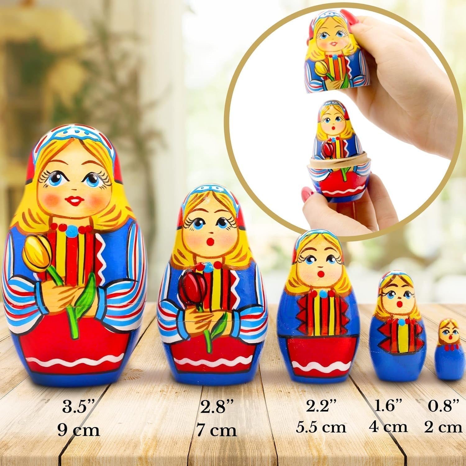 Russian Nesting Dolls Set of 5 Pcs - Russian Doll in Traditional Dutch Folk Dress with Tulips - Wooden Matryoshka in Dutch National Costume