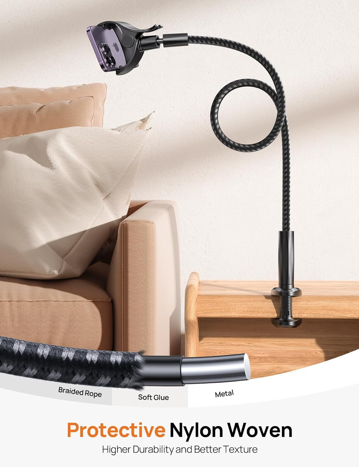 Gooseneck Phone Holder for Bed - [2025 Upgrade Nylon Braid] 38” Long Flexible Lazy Arm Clip, 360 Adjustable Overhead Phone Mount for Iphone 15 14 13 12 11 Pro Max Mini Plus, All 4-7" Cellphone