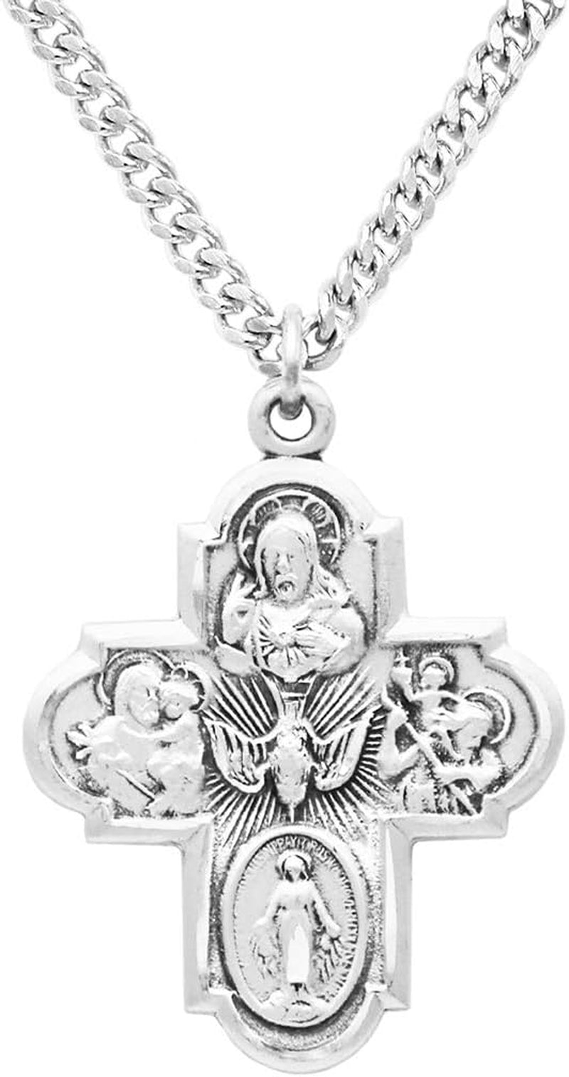 Rosemarie'S Religious Gifts Sterling Silver Traditional Catholic Four Way Cross Medal Pendant Necklace, 24"