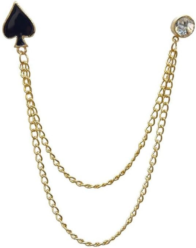 Poker Black Spade Long Chain Tassel Collar Brooch Pin for Women Girls Men Rhinestone Solitaire Playing Cards Gold Plated Link Pins Lapel Suit Coat Brooches Pins Punk Jewelry Gifts Clothes Accessories