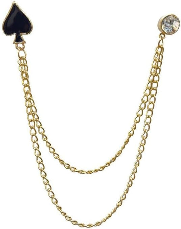 Poker Black Spade Long Chain Tassel Collar Brooch Pin for Women Girls Men Rhinestone Solitaire Playing Cards Gold Plated Link Pins Lapel Suit Coat Brooches Pins Punk Jewelry Gifts Clothes Accessories