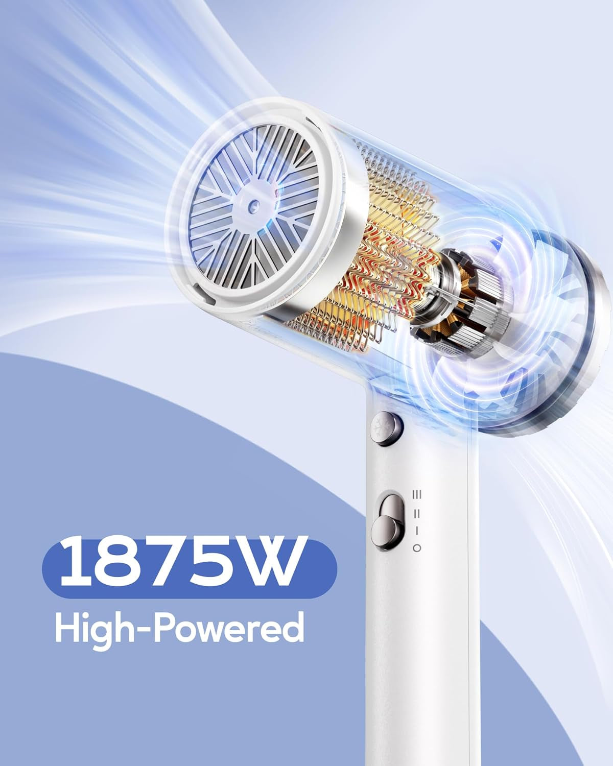 Hair Dryer with Diffuser 1875W Ionic Blow Dryer for Fast Drying with Concentrator Lightweight White.