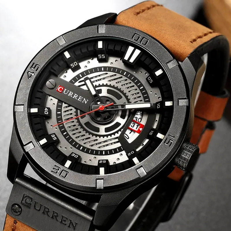 CURREN Men Watch Army Military Sports Watches Black Case Leather Strap Waterproof Date Function